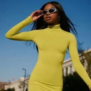 Forever 21 elegant green knit dress ruffle neck yellow long sleeves zara shein